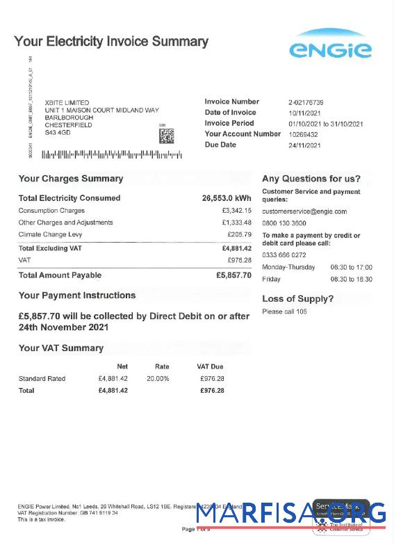 Printable UNITED KINGDOM ENGIE utility bill Word and PDF template